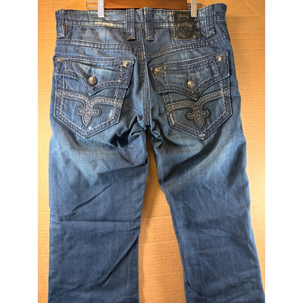 Rock Revival Preston Straight Jeans Mens 36x34 Blue Embroidered Flap Pocket Deni